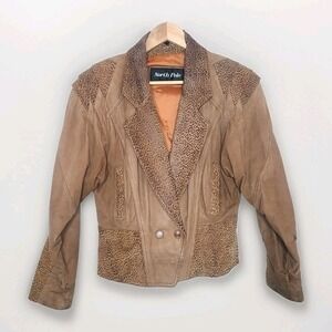 Vintage 80s North Pole Suede Leather Cropped Batwing‎ Jacket Coat Animal Print M